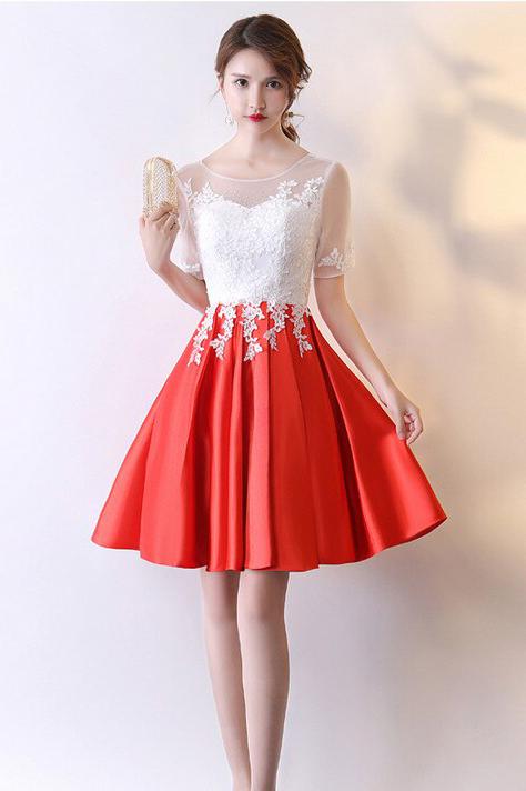 Red Knee Length Satin Homecoming Dress with Short Sleeves, Short Prom Dress with Lace N2224
