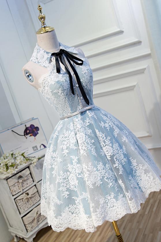 Light Sky Blue Halter Homecoming Dress with Lace Appliques, Cute Short Formal Dress N1971