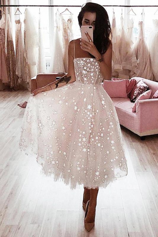 Ivory Spaghetti Strap Tea Length Starry Tulle Homecoming Dress, Party Dress N1885