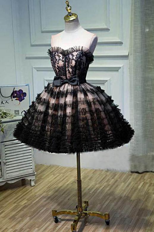 A Line Sheer Neck Tulle Homecoming Dress with Bowknot, See Through Short Formal Dress N1979