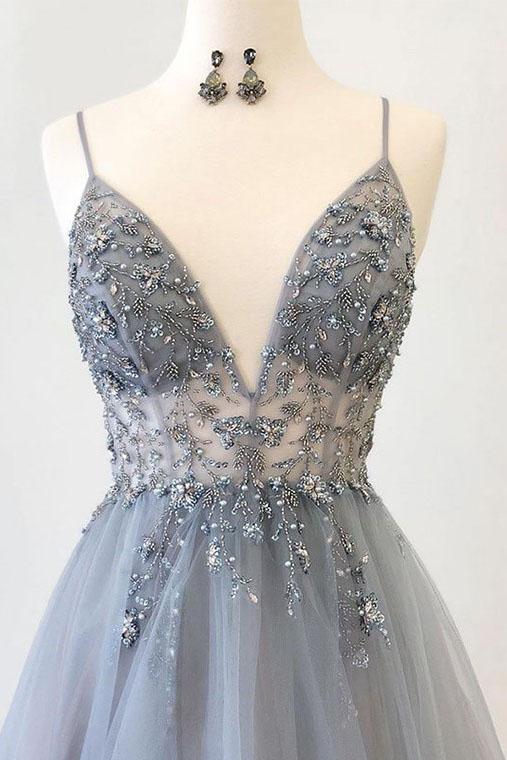 Spaghetti Straps V Neck Tulle Prom Dress with Appliques, A Line Long Formal Dress with Beads N2471
