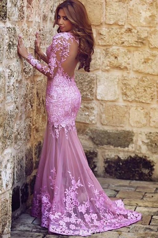 Sexy Mermaid Long Sleeves Tulle Appliques Prom Dresses,Backless Prom Dress N54