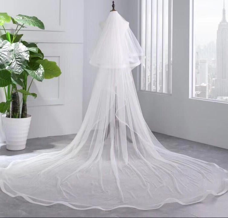 Simple 3.5 Meters Two Tiers Tulle Bridal Veils Ivory Wedding Veils with Comb V034