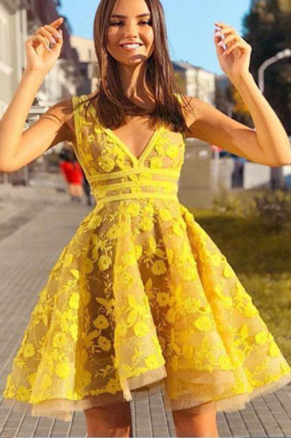Fashion V neck Yellow Short Lace Prom Dress, A Line Short Homecoming Dress N2187