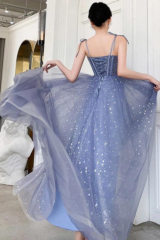 Unique Sparkle Straps Floor Length Tulle Prom Dress, A Line Sleeveless Evening Dresses N2101