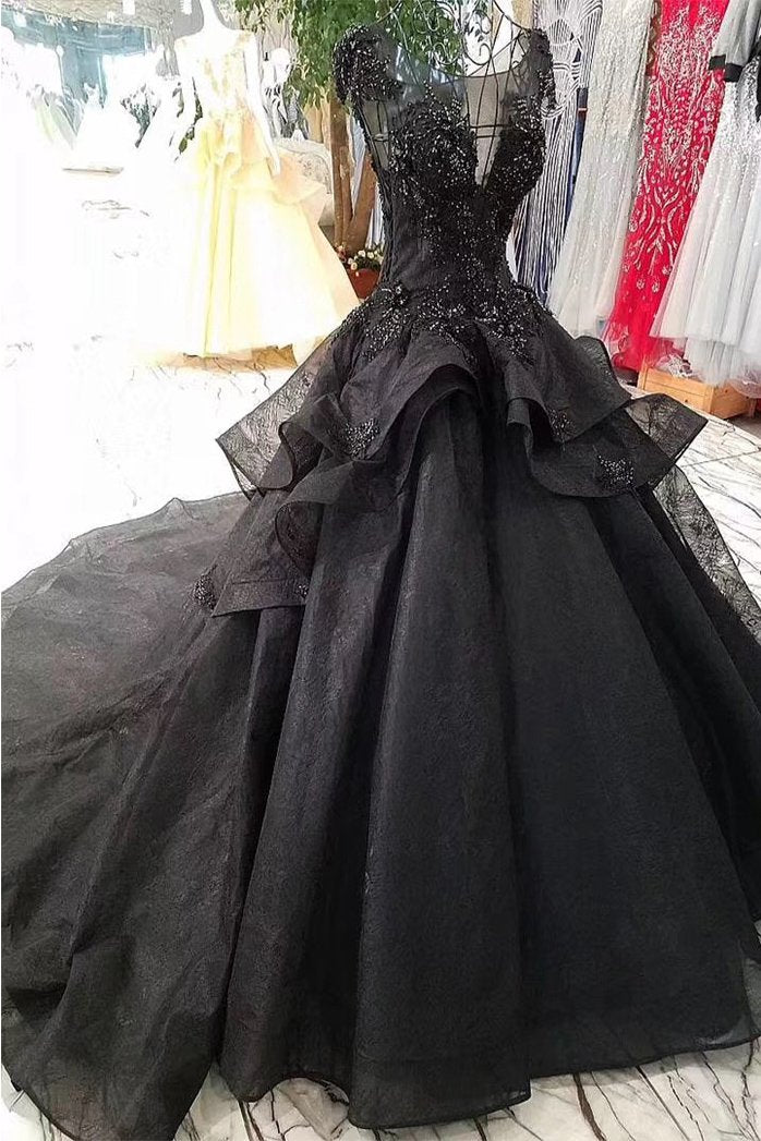Gorgeous Black Ball Gown Wedding Dress with Cap Sleeves, Long Bridal Dress with Beads N1891