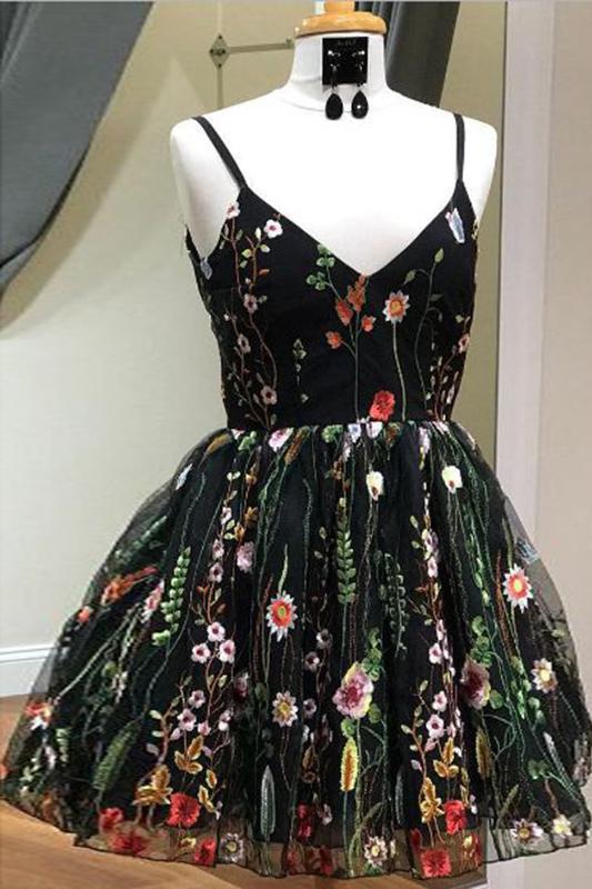 Black Spaghetti Strap Lace Homecoming Dress Cheap Tulle Homecoming Dress with Lace N1879