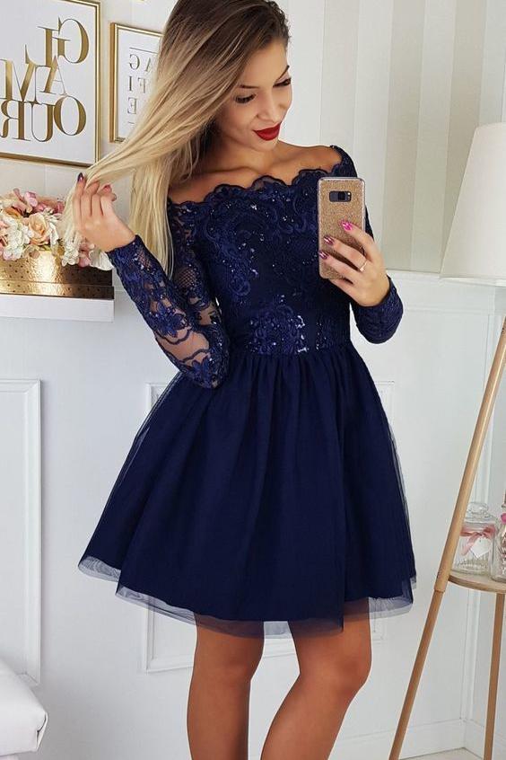Cute Off the Shoulder Tulle Homecoming Dress with Lace Appliques, Short Prom Dresses N1843