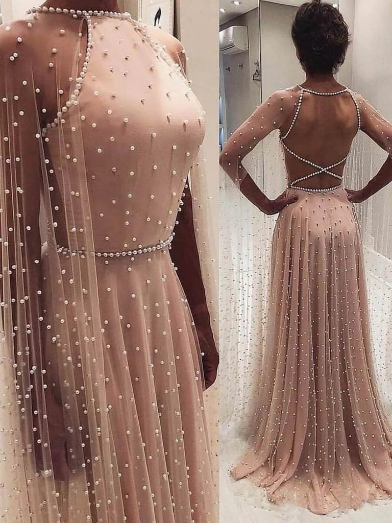 Unique A Line Backless Long Prom Dresses with Pearls, Gorgeous Long Evening Dress N2039