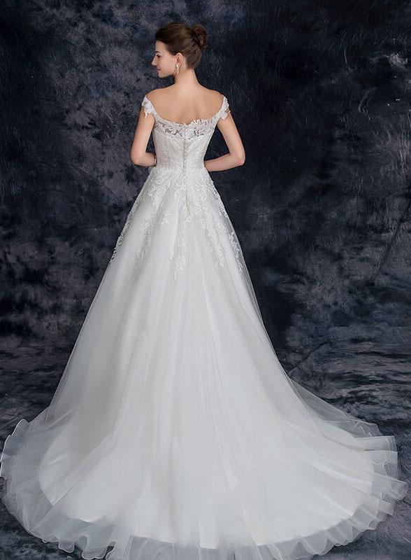 A Line Off the Shoulder Tulle Wedding Dress with Lace Appliques, Long Bridal Dresses N2293