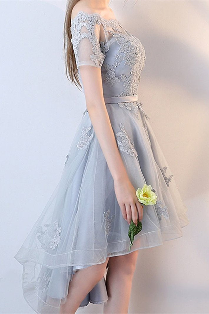 A Line Off the Shoulder Applique High Low Tulle Homecoming Dress, Graduation Dress N1949
