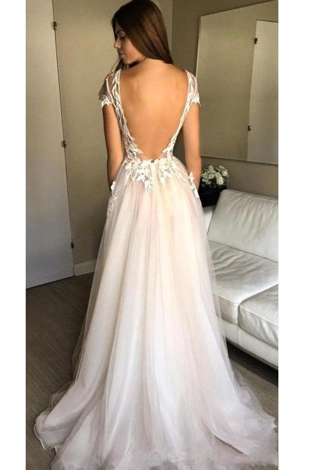 Cap Sleeve Deep V-neck Prom Gown With Appliques,Sexy Split Tulle Wedding Dresses, N99