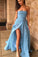 Sexy A Line Strapless Split Sweep Train Long Prom Dress, Unique Blue Formal Dresses N2577
