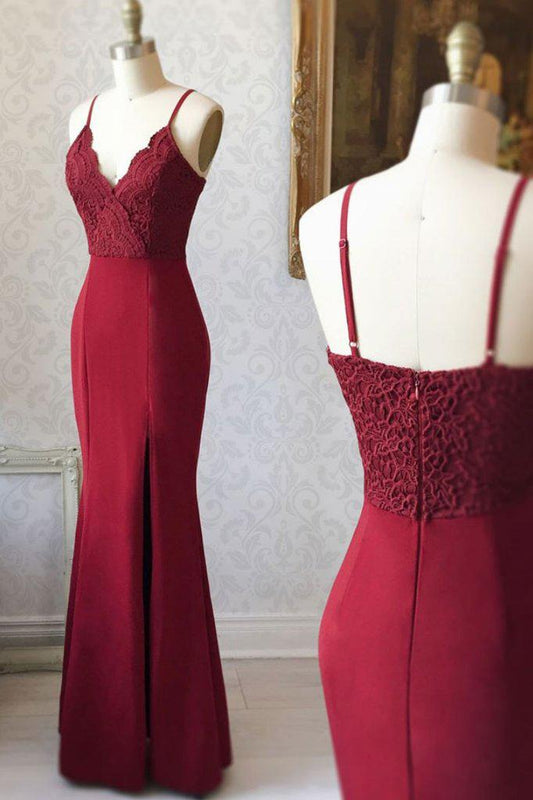 Burgundy Spaghetti Strap V Neck Mermaid Bridesmaid Dress, Long Prom Dress with Lace N1295