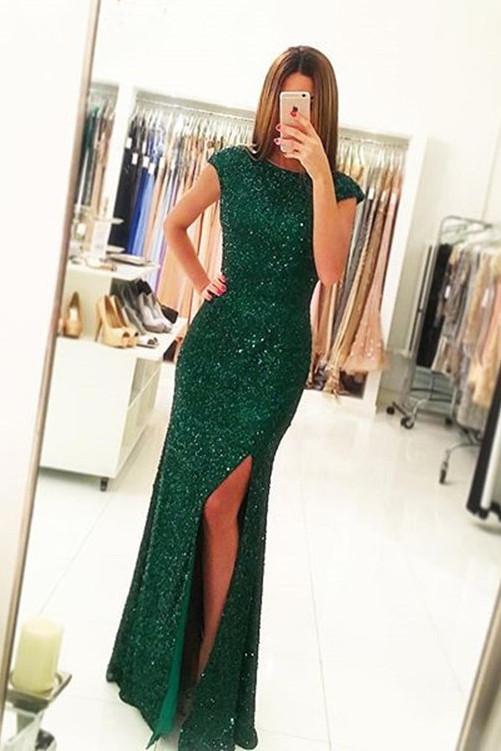 Sexy Side Slit Prom Gowns,Cap Sleeves Green Sequins Open Back Mermaid Evening Gowns,N68