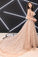 Charming Straps Flowy Tulle Lace Prom Dress with Train, A Line Evening Dress with Ruffles N2104