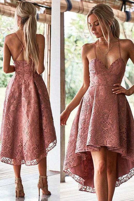 Chic White Lace High-Low Homecoming Dress, Spaghetti Straps Lace Homecoming Gown N2186