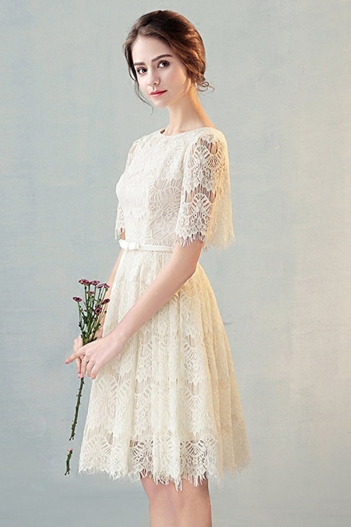 A Line Half Sleeves Lace Homecoming Dress, Cute Lace Sweet 16 Dress with Belt N1948