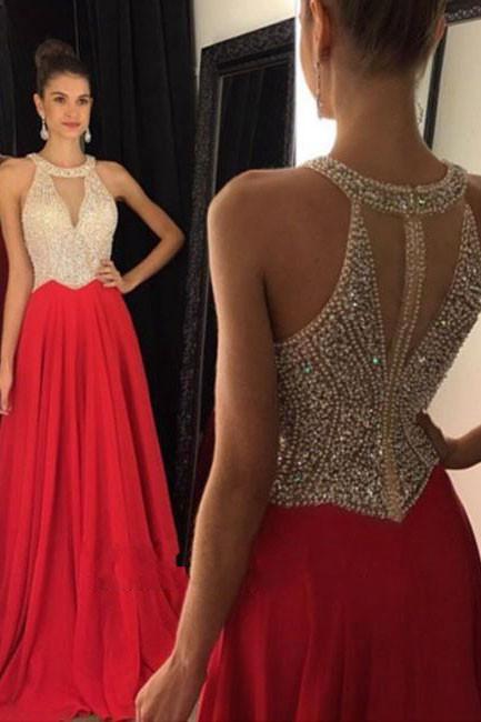 Red Beaded Long Chiffon Prom Dress,Luxury Long Homecoming Dress,Prom Dress Plus Size N69