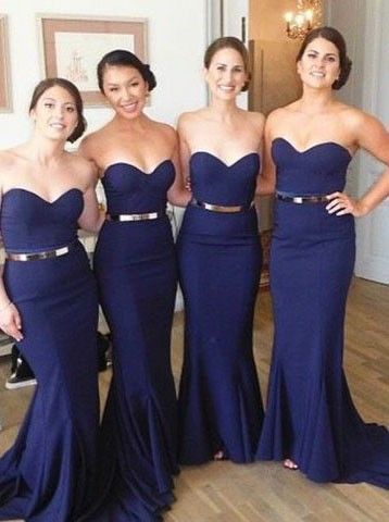 2024 Cheap Mermaid Dark Navy Sweetheart With Belt Long Bridesmaid Dresses / Gowns