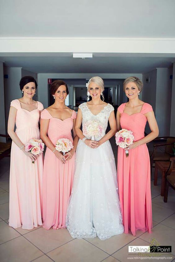 2024 Cheap A Line Water Melon Chiffon With Capped Sleeves Long Bridesmaid Dresses / Gowns