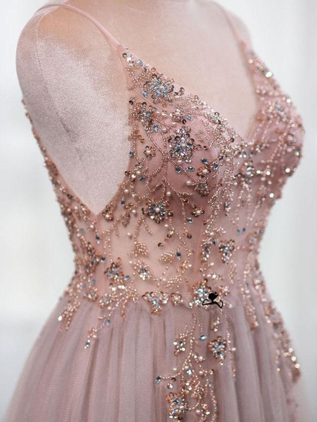 Dusty Pink Spaghetti Straps Gorgeous Beading Prom Dress, A Line Split Tulle Evening Dresses N2403