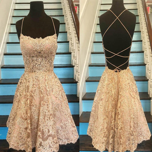 Unique Spaghetti Straps Crisscross Back A-Line Short Homecoming Dresses, Gold Lace Homecoming Dresses CD04