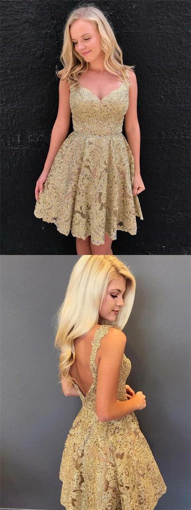 Unique V-Neck Sleeveless V-Back Gold Lace Homecoming Dresses, Homecoming Dresses CD08