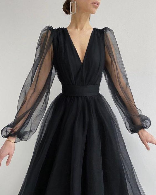 Unique Black Tulle Long Sleeves Prom Dress CD10005