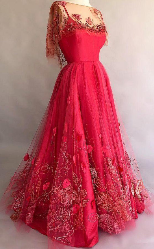Red Applique Long Evening Dresses With Half Sleeve Prom Dress CD10006
