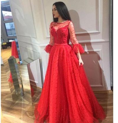 Chic Red Beaded Prom Dresses Long Sleeves Sheer Bateau Neck Evening Gowns Floor Length CD10019