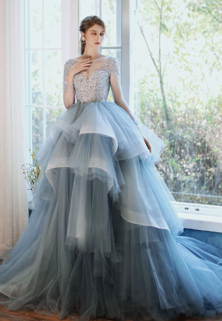BLUE ROUND NECK TULLE SEQUIN LONG PROM GOWN BLUE FORMAL DRESS CD10033