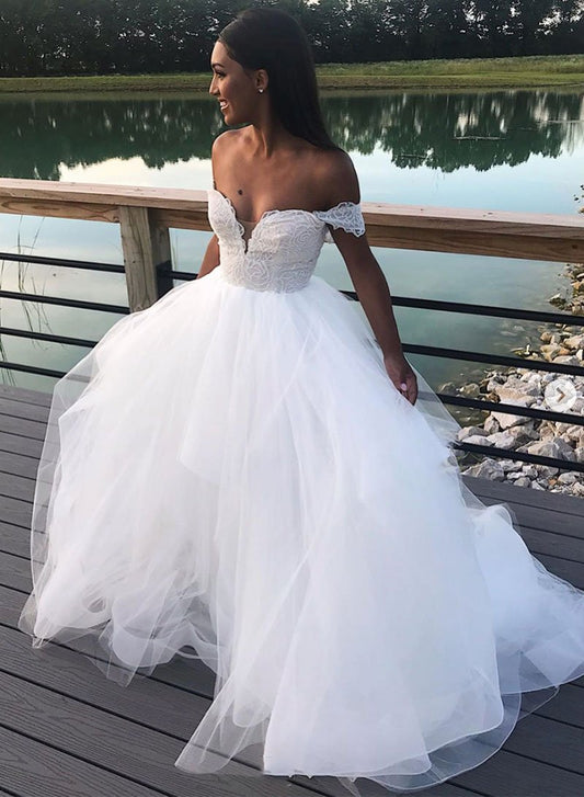 White lace tulle long prom dress, formal dress CD1005