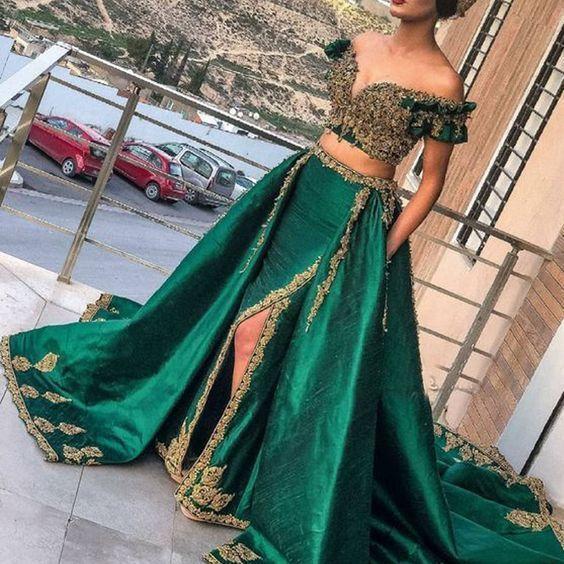 Green two pieces lace appliques beading sequins side slit Prom Dresses with Pockets CD10098