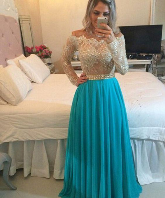 Beaded Off The Shoulder Long Sleeves Prom Dress With Sheer Back CD10124