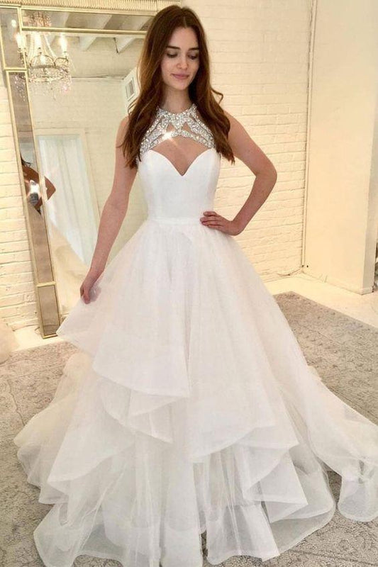 White tulle long prom dress, white tulle evening dress CD1012