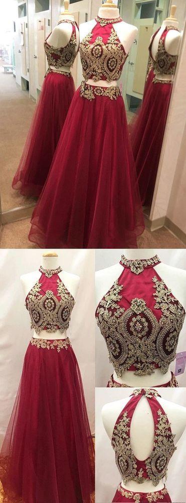 Sexy Burgundy Appliques Long Evening Dress, Halter Two Piece Prom Dresses CD10131