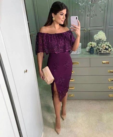 Purple Off Shoulder Lace Homecoming Dresses CD10134