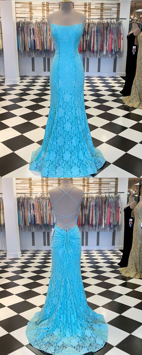 Spaghetti Strap Cyan Lace Mermaid Prom Dress CD10191