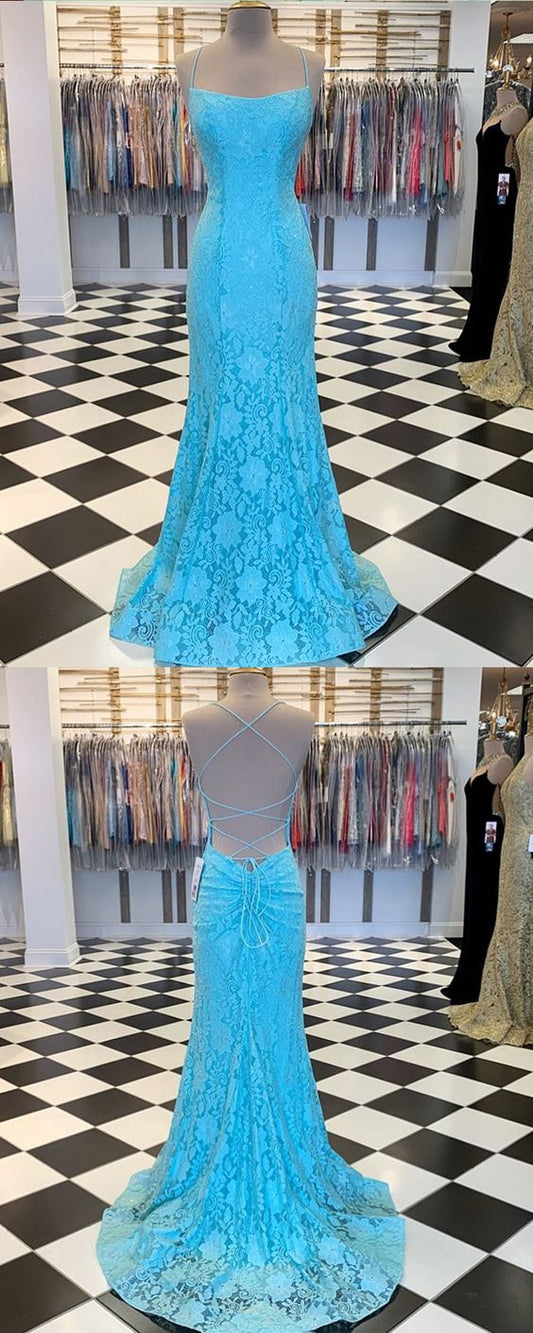 Spaghetti Strap Cyan Lace Mermaid Prom Dress CD10191