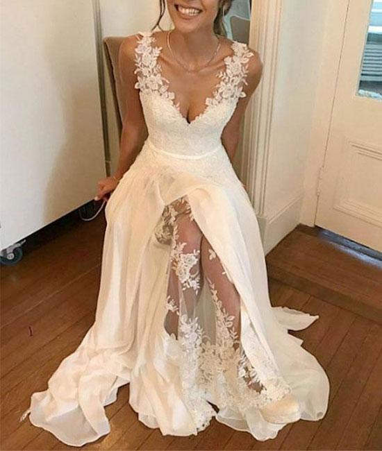White v neck chiffon lace long prom dress, white evening dress CD1025