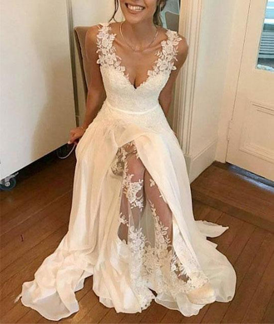 White v neck chiffon lace long prom dress, white evening dress CD1025