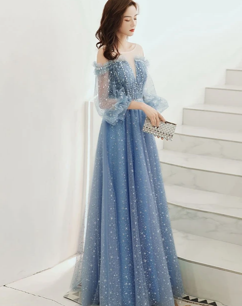 2024 BLUE ROUND NECK TULLE SEQUIN LONG PROM DRESS TULLE EVENING DRESS CD10278