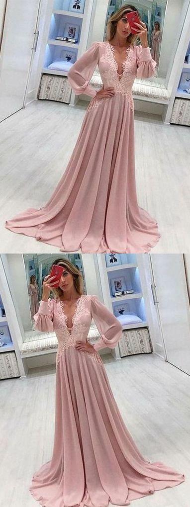 Long Sleeve Prom Dresses Deep V Neck A Line Pink Prom Dress Chiffon Long Evening Dress CD1032