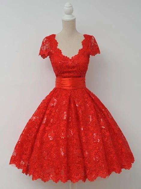 Vintage V-neck Cap Sleeves Knee-Length Backless Red Lace Homecoming dress CD10365