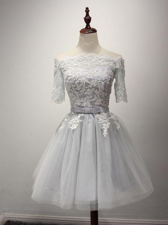 Gray Short Lace Dress Homecoming Dresses CD10425