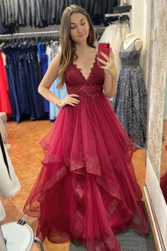 V Neck A-Line Ruffle Red Prom Dress CD10437