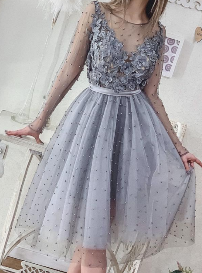 A-Line SIlver Long Sleeve Appliques Pearls Short Prom Dress CD10446