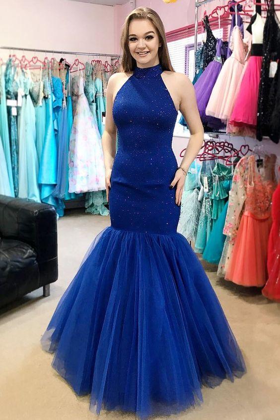 Royal Blue Prom Dress Halter Neckline, Back To School Dresses, Prom Dresses For Teens, Pageant Dress, Graduation Party Dresses CD10453