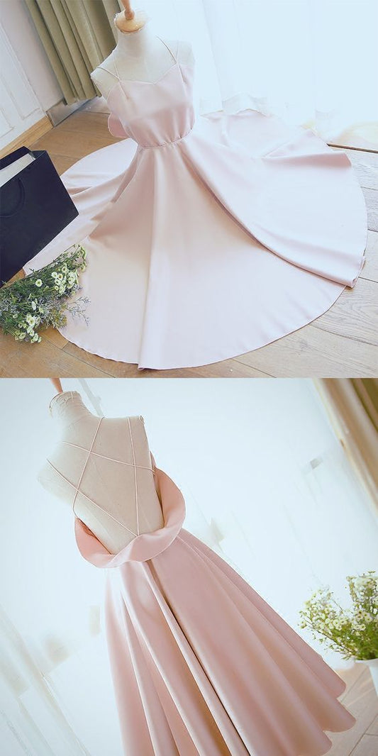Pink Party Dress, Strappy A-Line Party Dress, Backless Party Dress, Tea Length Short Prom Dresses CD10501